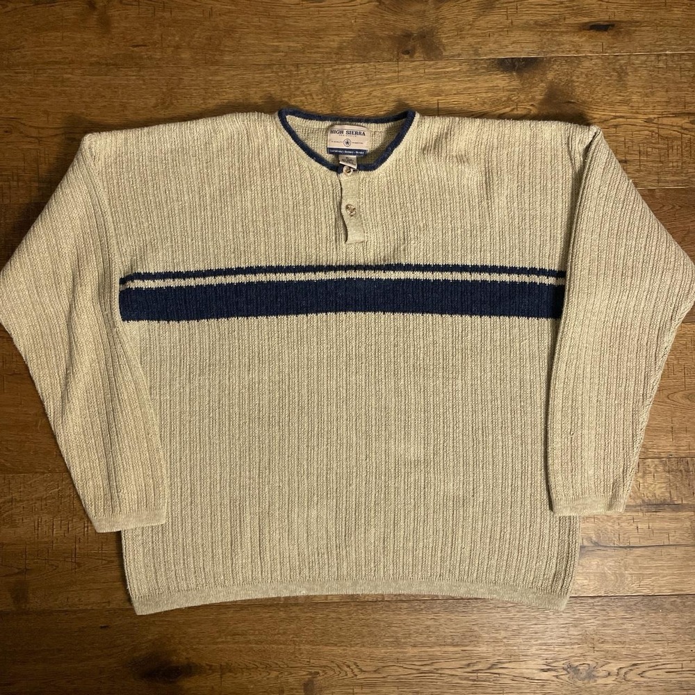 High Sierra Henley Sweater Mens XL Cream Y2K Striped Ribbed Ramie Cotton